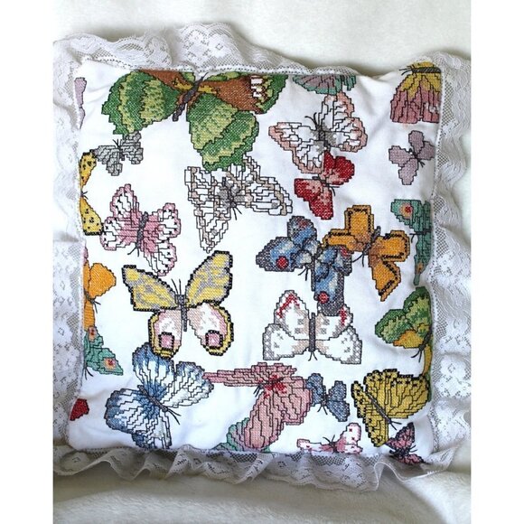 Vintage Other - Handmade Butterflies Needlepoint Pillow cross stitch Multicolor Lace edges